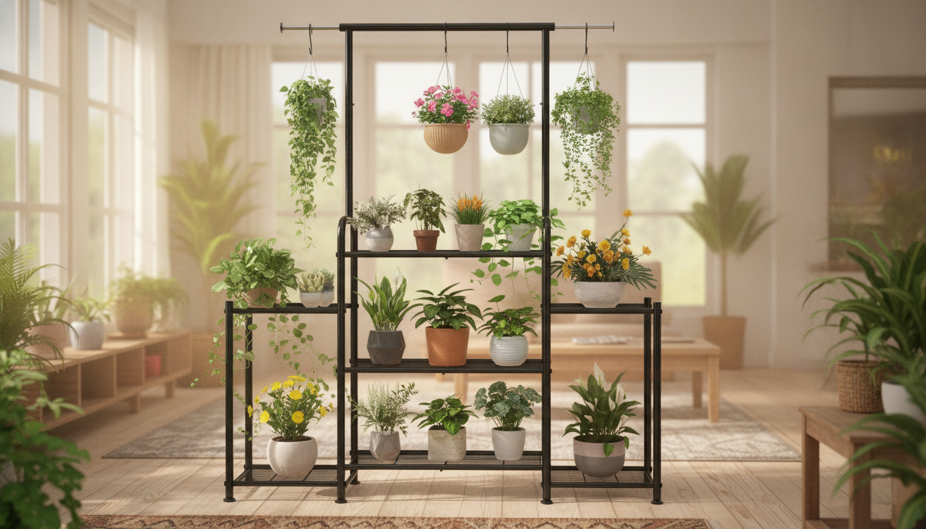3-Tier Metal Plant Stand With Expandable Hanging Rod
